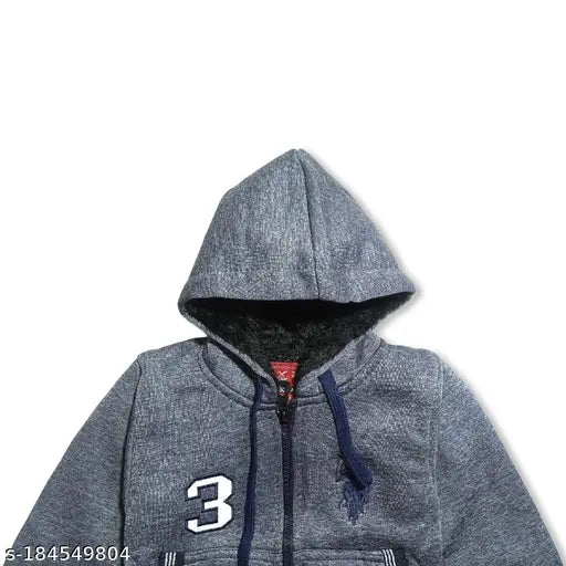 Navy blue cotton blend kids jacket type sweater, solid pattern for cool and impressive style