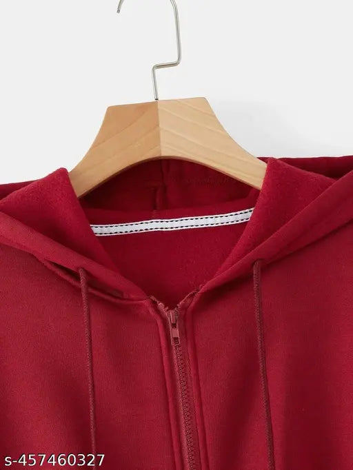 Women's fleece crop hoodie, rib fabric, solid color, suitable for fall & spring