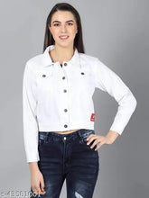 White women's cotton denim blend casual jacket by SAMAN FASHION WEAR, full sleeve, three-quarter sleeves, solid design, with spread collar and button closure