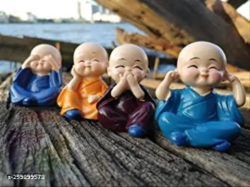 Poly resin baby monk figurines set, intricate Fancy Idols from India, 4 pieces: 1.5x0.5x0.5cm each