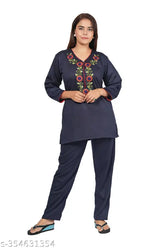 Woolen winter fleece nightwear top and pyjama (Radhika), embroidered, three-quarter sleeves, pocket, super soft fabric