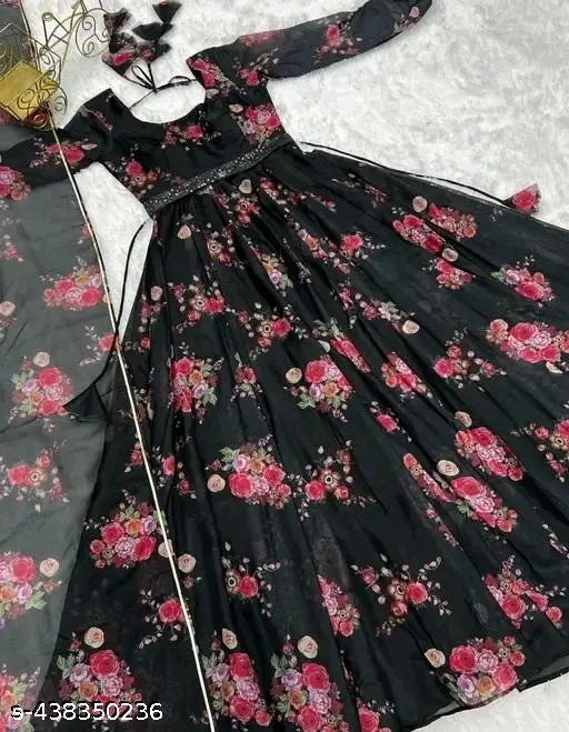 Black georgette full-flared Aline gown with floral print and dupatta for women's home and regular wear. Long sleeves, full inner, free belt. Ideal for birthday parties, office, and casual events
