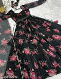 Black georgette full-flared Aline gown with floral print and dupatta for women's home and regular wear. Long sleeves, full inner, free belt. Ideal for birthday parties, office, and casual events