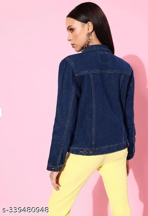 Trendy denim women's jacket 2023, solid-colored Korean design, short sleeves - size S (bust 36in, length 20in)