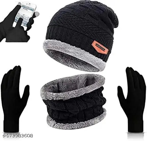 Wool unisex beanie cap with neck warmer & glove (solid), Indian-made for autumn-winter wear
