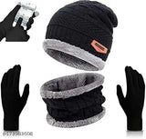 Wool unisex beanie cap with neck warmer & glove (solid), Indian-made for autumn-winter wear