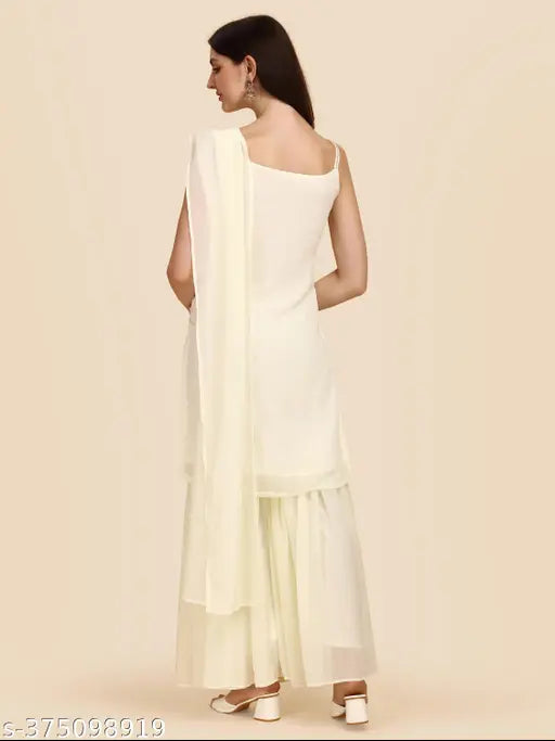 Georgette embellished kurta sharara set with dupatta, sleeveless, Indian women's fashion