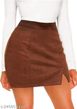 Rust faux suede short skirt with side slit, solid pattern, available in sizes 26, 28, 30, 32, ideal for casual events or parties