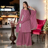 Georgette embroidered sharara salwar suit set for women, three-quarter sleeves, India origin