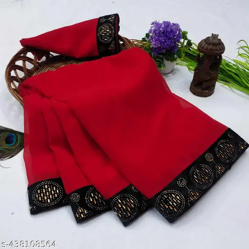 Swiroski diamond-hotfix georgette work saree with separate blouse piece, black or vibrant colors, traditional Indian wedding attire on display