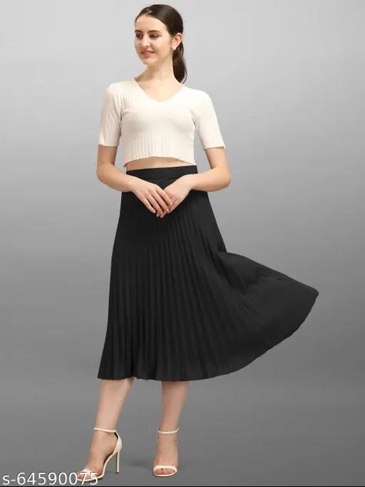 Women's/Girls midi plated crepe skirt, smooth pure crepe pleated design. Elastic waist, free size 28-40 inch (length 33). India origin