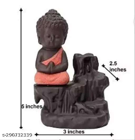 Orange Polyresin Meditating Buddha Statue with Incense Smoke Fountain, handcrafted for home decor