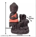 Orange Polyresin Meditating Buddha Statue with Incense Smoke Fountain, handcrafted for home decor
