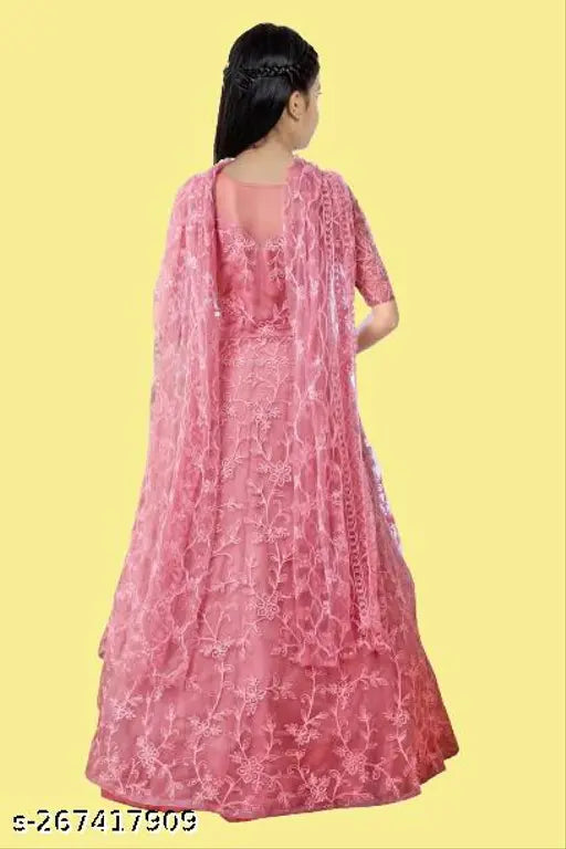 Light pink net gown with embroidered pattern and stone work, suitable for 9-13 year old girls. Indian origin