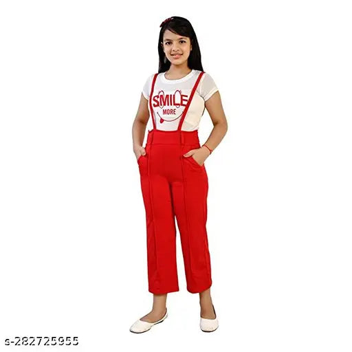 Cotton blend two-piece dungaree dress set for 5-16 years, printed top and solid ankle length bottoms, fashionable kids' and girls' attire