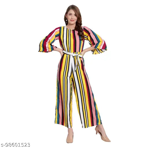 Striped poly crepe flared bottom jumpsuit, 3/4 sleeves, casual wear from MAYA COLLECTIONS (India)