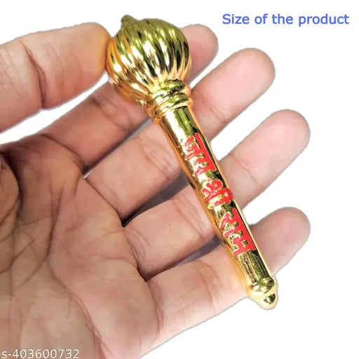 Gold-plated Hanuman Ji Gada with "Jai Shree Ram" printed, perfect for Bajrangbali Murti, Indian craftsmanship, 7" x 2" x 4", free Hanuman Chalisa included