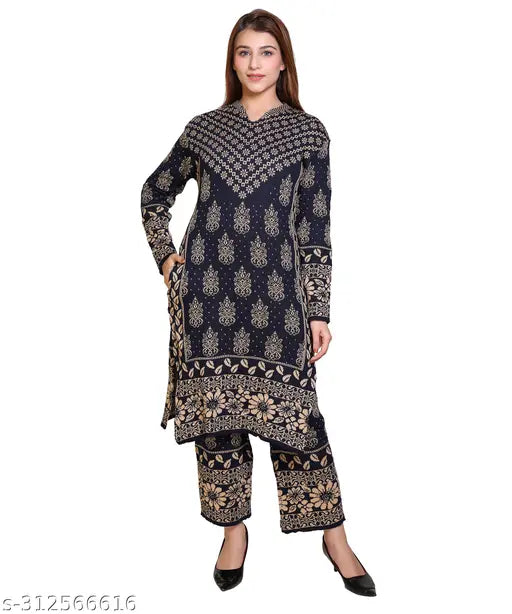 Navy woolen self-design kurta plazzo set with printed net detail, single unit, free size (Bust 40in, Shoulder 16.5in, Kurta Length 44in, Bottom Length 40in), suitable for winter, made in India