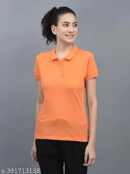Orange cotton blend solid polo neck t-shirt for women, short sleeves and embroidered logo branding