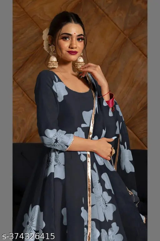 White Georgette Anarkali gown set with dupatta and bottom wear, printed pattern for women's and girls fashion, India origin