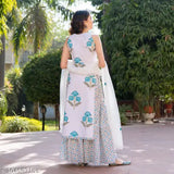 Designer cotton sharara kurti set with embroidered dupatta, printed net, sleeveless. Women's traditional Indian clothing