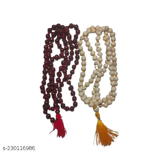 Multi-colored wooden God idol combo mala: Tulsi Japa Mala (108+1 beads), Sandalwood Mala, Kamalgatta Mala, Vaijanti Mala from India. Used for spirituality, meditation, and Jaap (prayer)