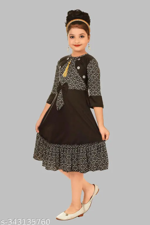Black cotton blend three-quarter sleeve printed frock for girls, perfect for casual everyday wear, originates from India