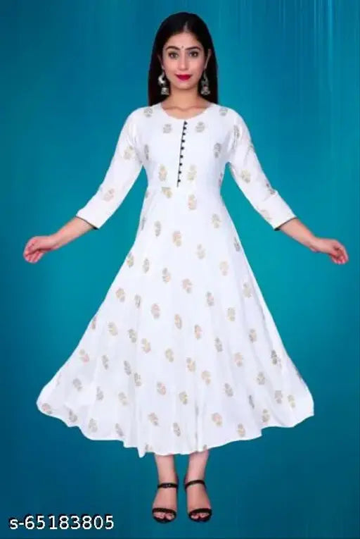 White gold crepe kurti, printed combo three-quarter sleeves, Indian fashion for women S-XXXL sizes on mannequin