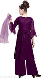 Purple Georgette Nayra Cut Sharara Style Palazzo Kurti with Dupatta for Girls, embellished A-line design and three-quarter sleeves, festive ethnic wear