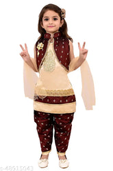 Maroon cotton blend kurta set for girls, A-line top with sequin work and matching dupatta & salwar. Indian outfit for 4-10 year olds
