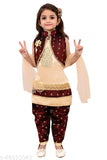 Maroon cotton blend kurta set for girls, A-line top with sequin work and matching dupatta & salwar. Indian outfit for 4-10 year olds
