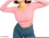 Pink Lycra full sleeve curved hem top, solid color fashion top for women