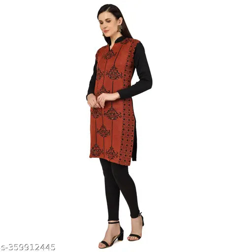 Woolen women's kurta (M/L), single solid color, Indian handcrafted woolen garment
