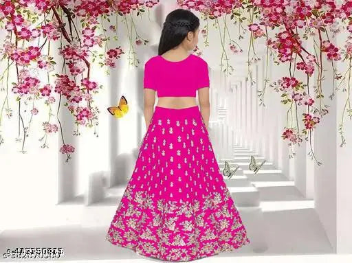 Embroidered satin lehenga for baby girl, short-sleeved net dupatta. Indian traditional wear for 2-15 years old