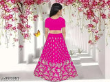 Embroidered satin lehenga for baby girl, short-sleeved net dupatta. Indian traditional wear for 2-15 years old