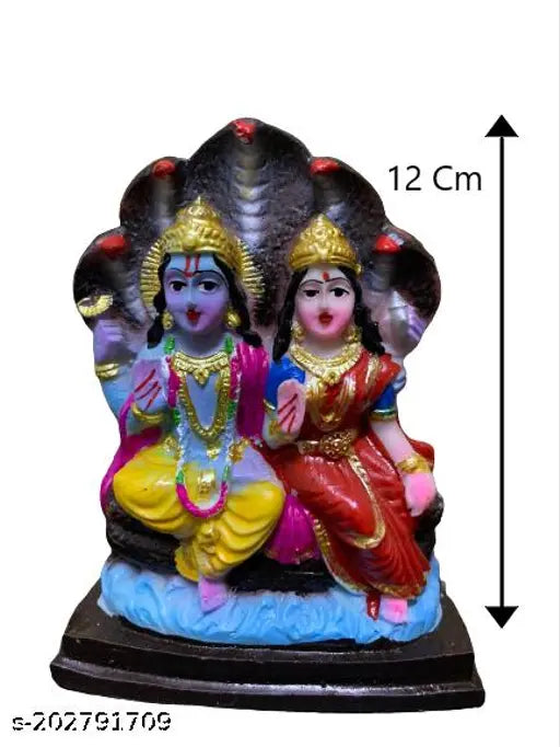 Polyresin Chaturbahu Vishnu Laxmi Sitting on Shesh Naag Idol, traditional Indian home pooja statuette, 5 inch tall