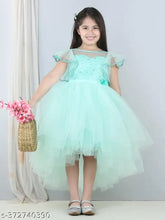 Sea green net party dress for kids, embellished with toy balloons, suitable for low girls' wear (1-2 years, 23'' bust & 48'' length; 2-3 years, 25'' bust & 54'' length; 3-4 years, 26'' bust & 60'' length; 6-7 years, 33'' bust & 66'' length). Made in India
