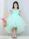 Sea green net party dress for kids, embellished with toy balloons, suitable for low girls' wear (1-2 years, 23'' bust & 48'' length; 2-3 years, 25'' bust & 54'' length; 3-4 years, 26'' bust & 60'' length; 6-7 years, 33'' bust & 66'' length). Made in India