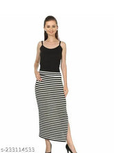 Trendy black-white pencil western skirts for women, cotton blend printed net, available in sizes 26, 28, 30 - Indian-made fashion skirt on hanger