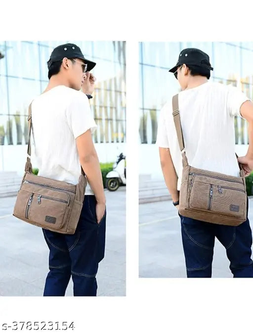 Army Green Canvas Cross Body Bag with 5 Compartments, Multi-Pocket Design for Adults - Ideal for Travel, Work, or Outdoor Activities