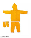 Yellow wool sweater set for kids, solid pattern suitable for 3-6, 6-9, and 9-12 months, Indian handmade clothing on display