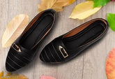 Black synthetic leather women's flat shoes with closed back, ideal for formal or casual office wear, offering soft cushioned comfort and style