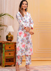 Designer women's floral print cotton calf length kurta with palazzo set, pure cotton, 3/4 sleeves, v-neck, elasticated waistband, available in sizes M to 7XL, India origin