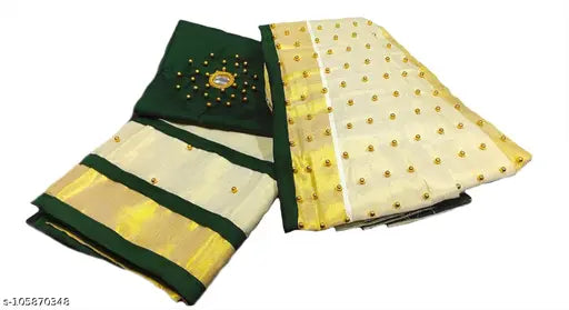 Dark green Kasavuti beads-embellished Dhavani set, traditional Indian art silk top with pleated cotton dupatta and cotton bottomwear, ready to wear with bead embellishments