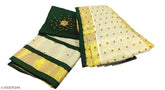 Dark green Kasavuti beads-embellished Dhavani set, traditional Indian art silk top with pleated cotton dupatta and cotton bottomwear, ready to wear with bead embellishments