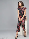 Black crepe jumpsuit with red flower print, women's trendy short-sleeved outfit for S, M, L, XL sizes