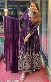 Indian embroidered georgette gown with dupatta, three-quarter sleeves, size S (Bust: 36in, Length: 54in, Waist: 32in), handcrafted Georgette dress