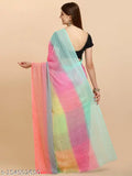 Multicolor rainbow Georgette saree with velvet blouse, intricate zari woven pattern, Indian wedding festival wear