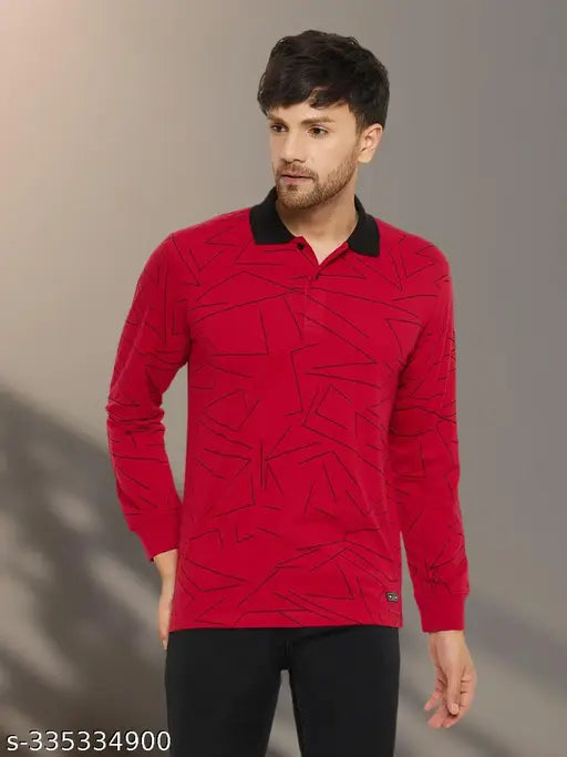 Red cotton blend Wild West polo neck with full sleeves, featuring all-over printed western design on a men's tee