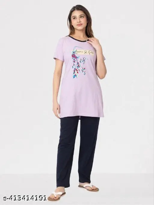 Summer nightwear round neck chest print lightweight & breathable nightsuit for women & girls, cotton blend fabric, perfect for leggings & tight jeans